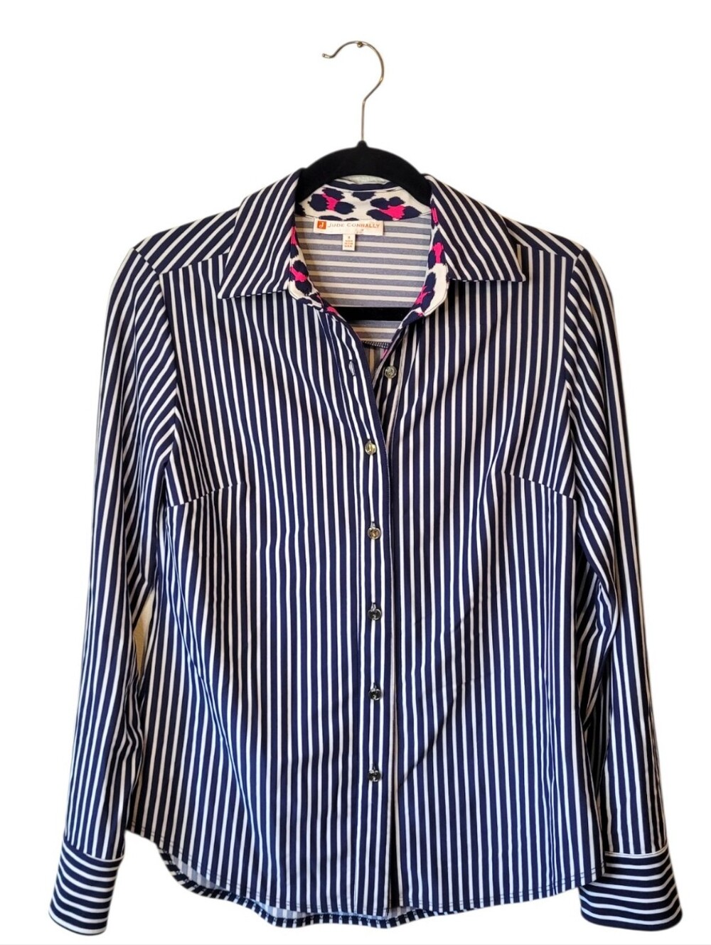 Jude Connally Navy and White Striped Button-Up Blouse Size S
